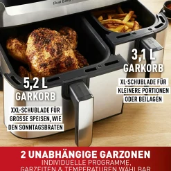 Dual Easy Fry & Grill 8,3 L Edelstahl Heißluftfritteuse EY905D|Tefal New
