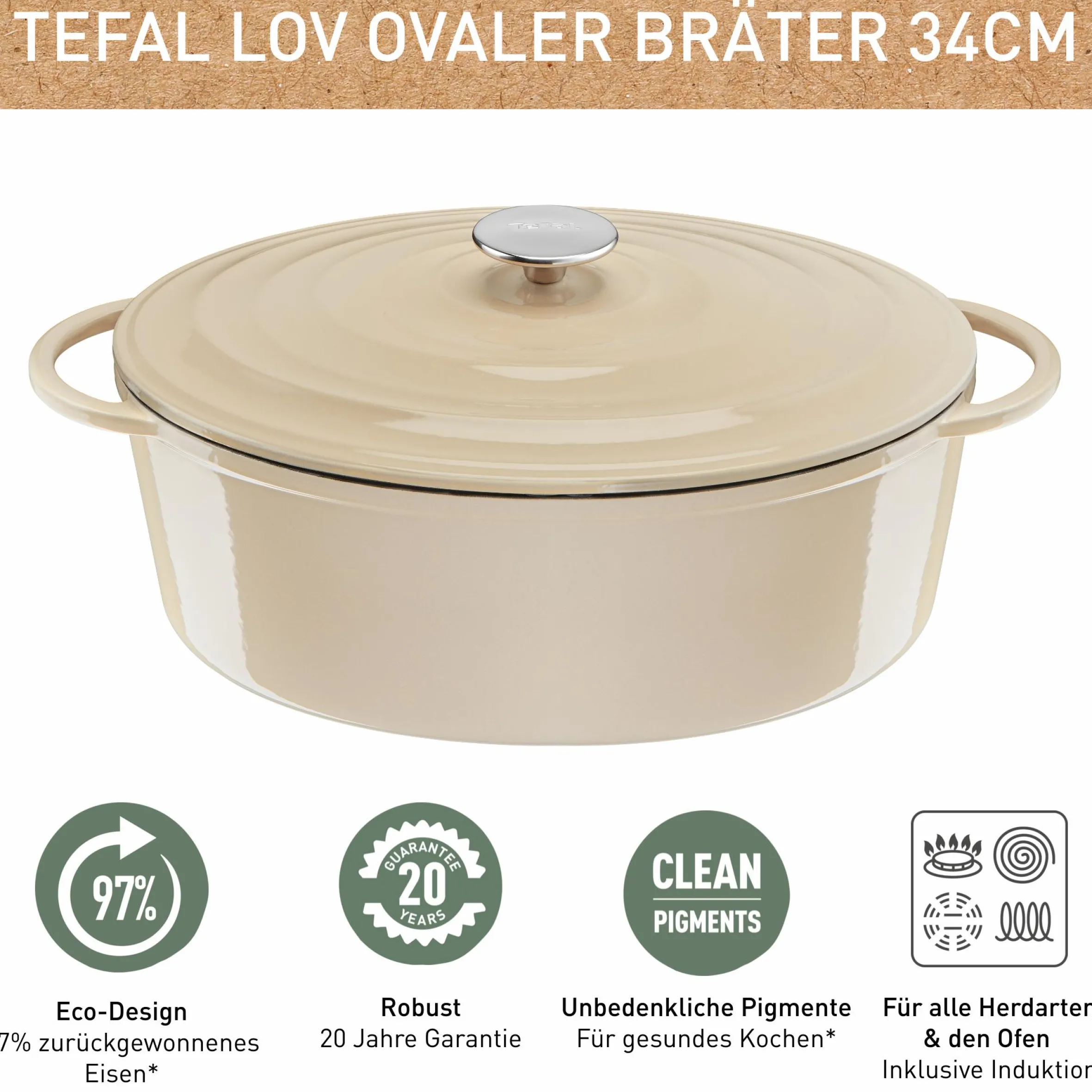 Lov Gusseisen Ovaler Bräter 34cm beige E25806|Tefal Best